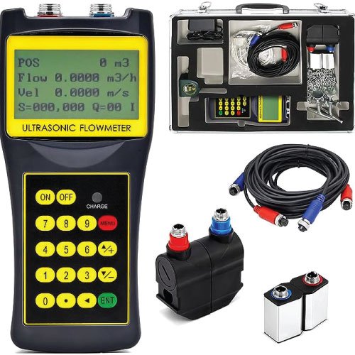 Acoustic Testing Pro River Water Measuring Handheld Type Ultrasonic Flow Meter With Clamp On Holder Exterior Sensor